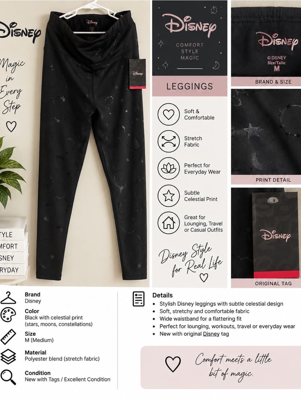 Disney Black Leggings with Subtle Celestial Print